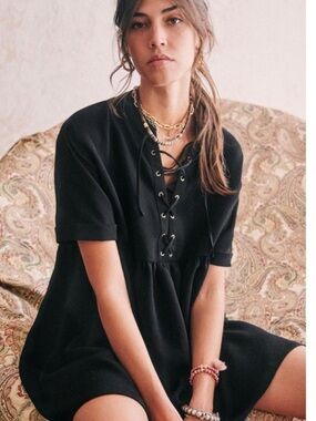 Sézane Theodora Black Lace-Up Mini Dress - EU 38/US 6